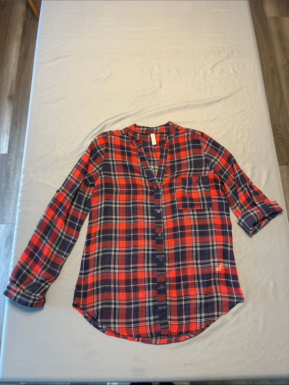Xhilaration Red and Navy Plaid Roll-Tab Button-Down Shirt